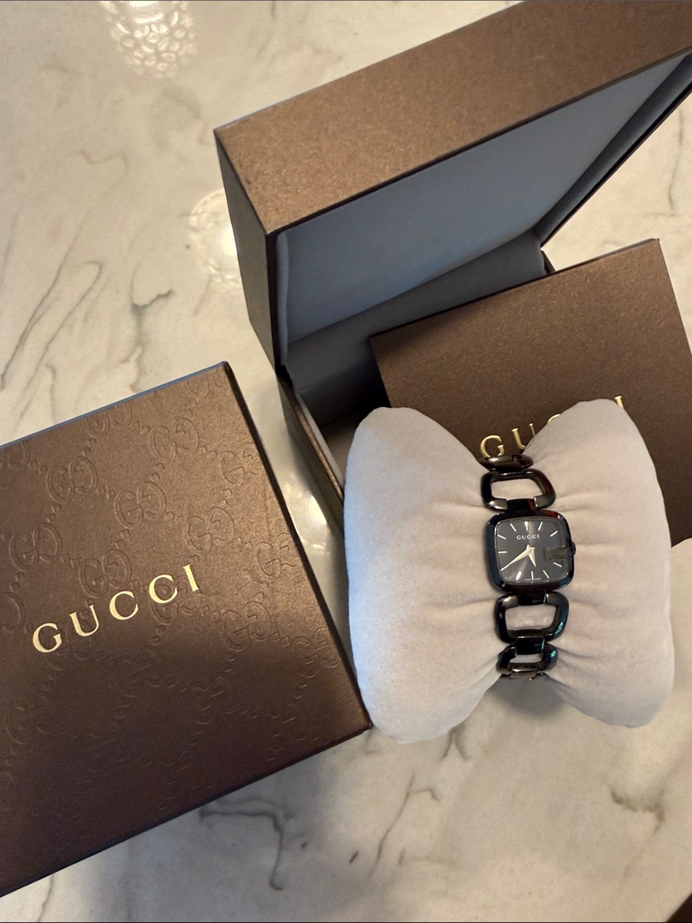 Gucci Black Link Bracelet Watch with Square Dial and Chain Links